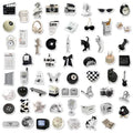 Assortment of black and white vinyl stickers featuring coffee cups and abstract designs for laptops and phones.