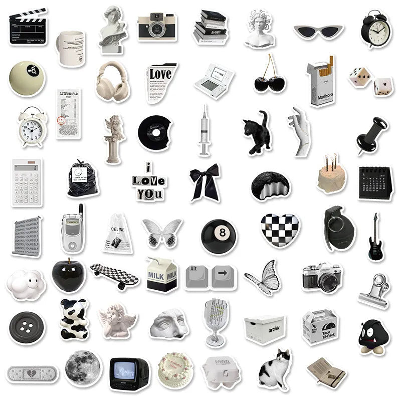 Assortment of black and white vinyl stickers featuring coffee cups and abstract designs for laptops and phones.