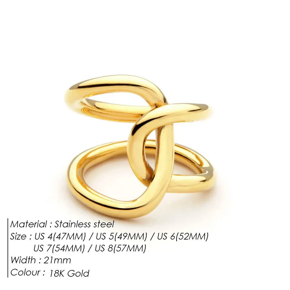 Women's stainless steel adjustable knotted open ring in gold or steel colour on a grey background.