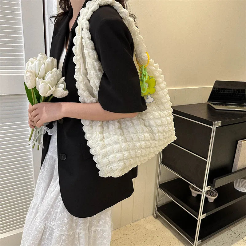 Women's soft pleated bubble shoulder bag in square vertical design with detachable pendant charm