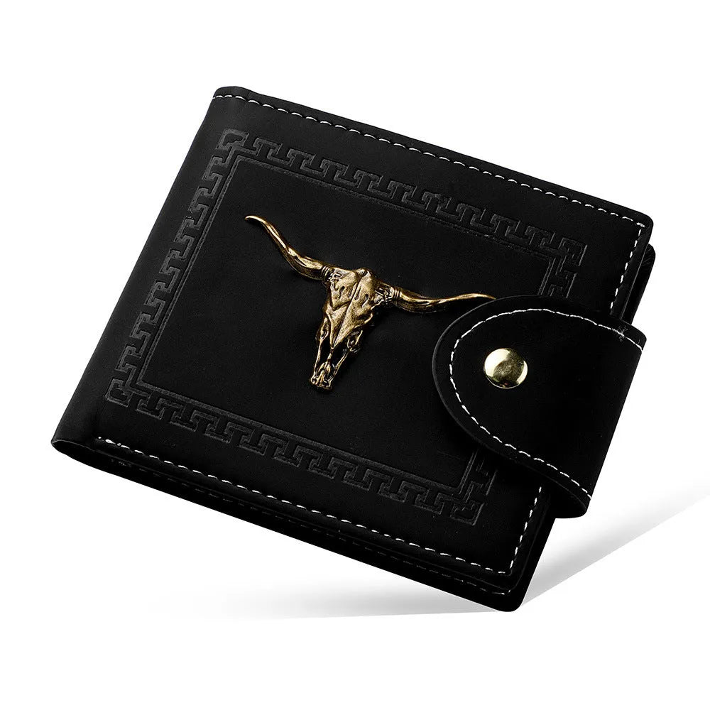 Black men's wallet with animal print pattern showing multiple card slots and zipper closure