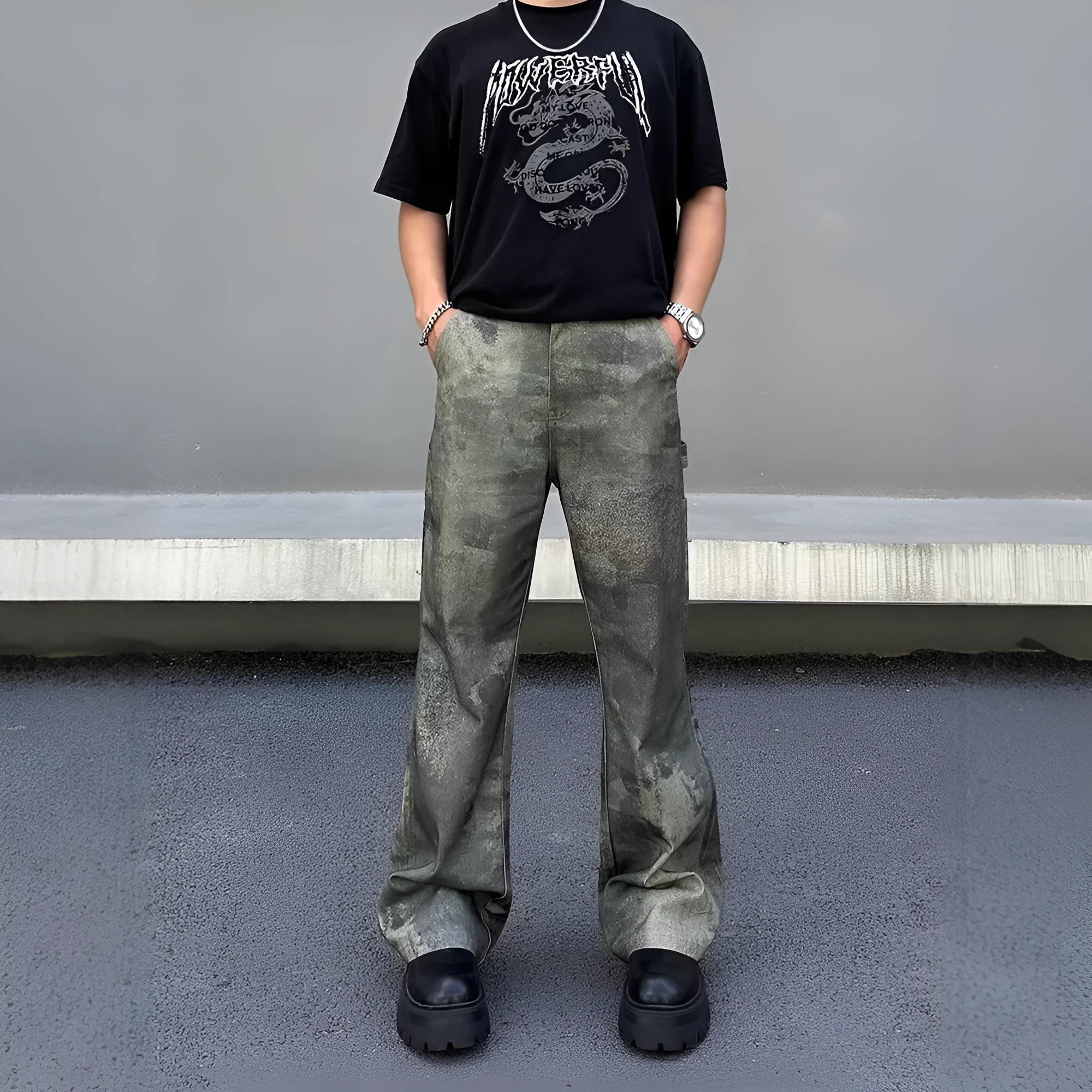 Men's digital direct injection camouflage denim jeans in retro straight cut with picture colour finish