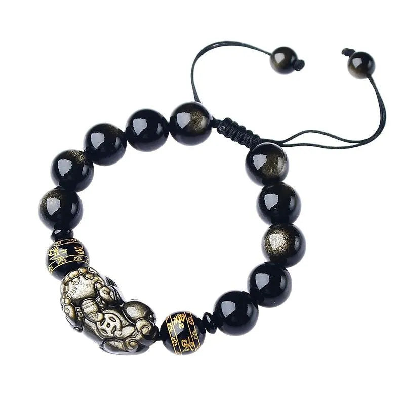 Hand-woven golden obsidian bracelet with Pi Xiu charm in 8mm, 10mm, 12mm, and 14mm bead sizes.