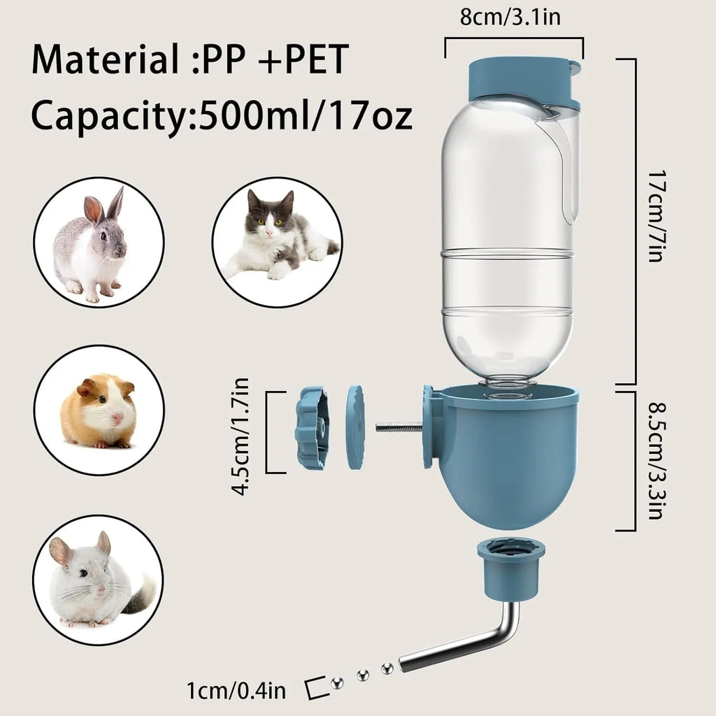 Small animal cage water bottle with rotatable nozzle in blue, white, or yellow options