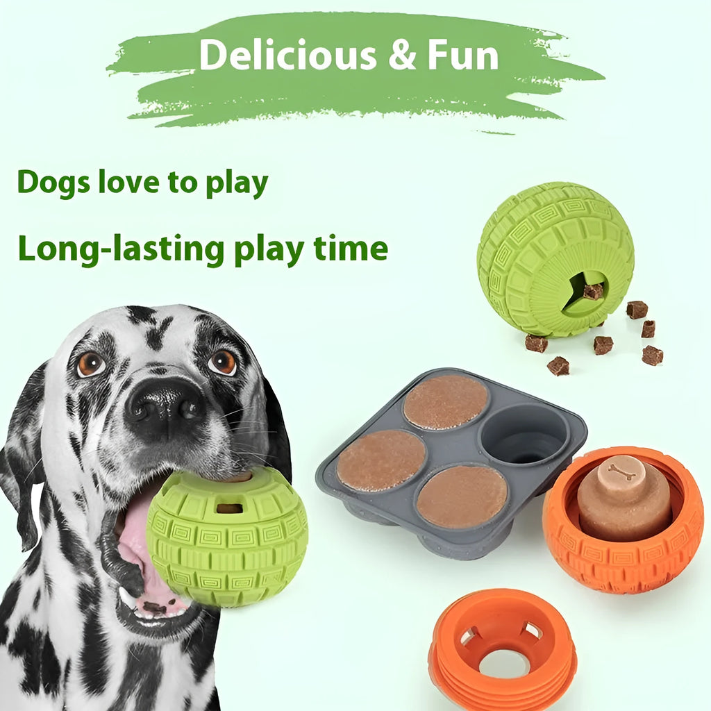 Green and orange natural rubber hollow ball dog toy for slow feeding and chewing.