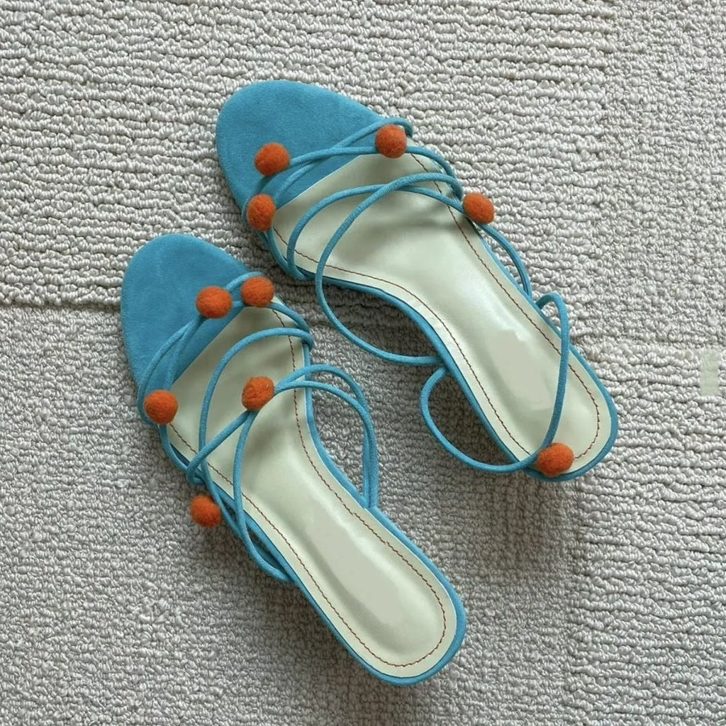 Cyan genuine leather lace-up high-heeled sandals with thin straps and open toe