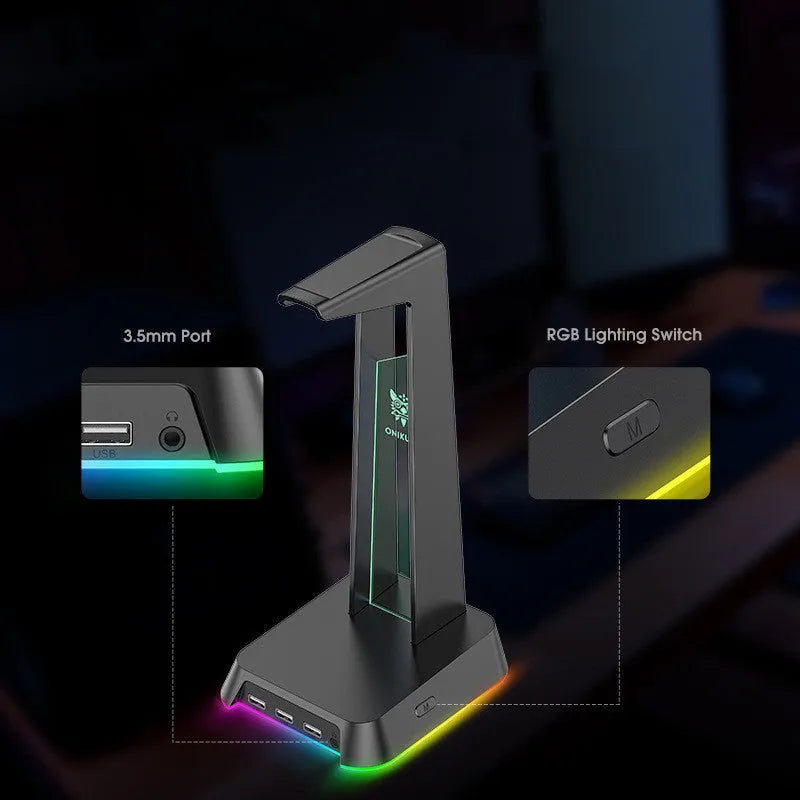 Illuminated headphone stand with Symphony RGB lighting and USB hub in black