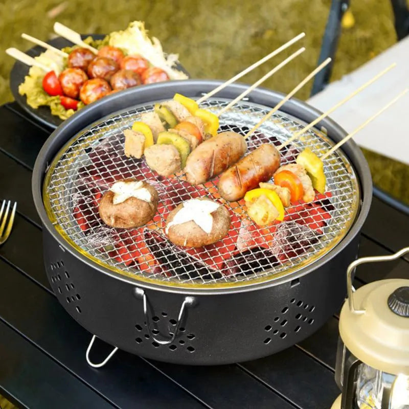 Portable stainless steel barbecue grill with detachable components and storage bag for outdoor cooking