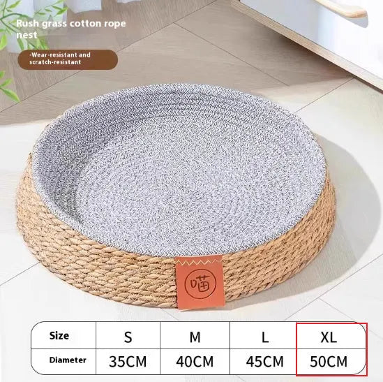 A rattan woven cat nest bed in a cage style, shown in a size suitable for a medium cat.