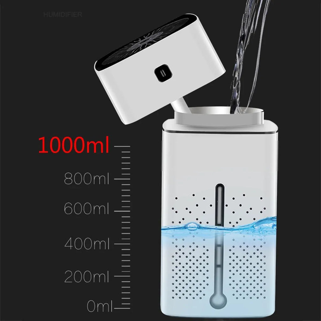 Black or white USB desktop humidifier measuring 103x103x218mm with 1000ml capacity