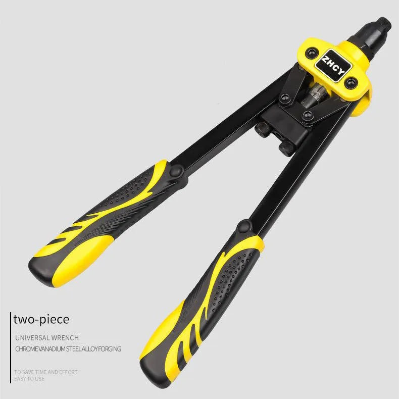 Yellow aluminium alloy manual rivet gun with 13-inch handle and built-in tips.