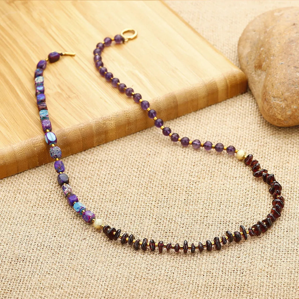Purple amethyst round bead bracelet with geometric garnet accents, handmade stone jewellery