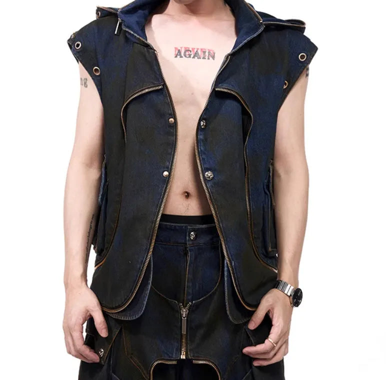 Blue hooded denim vest coat with matching trousers mens Korean style casual set