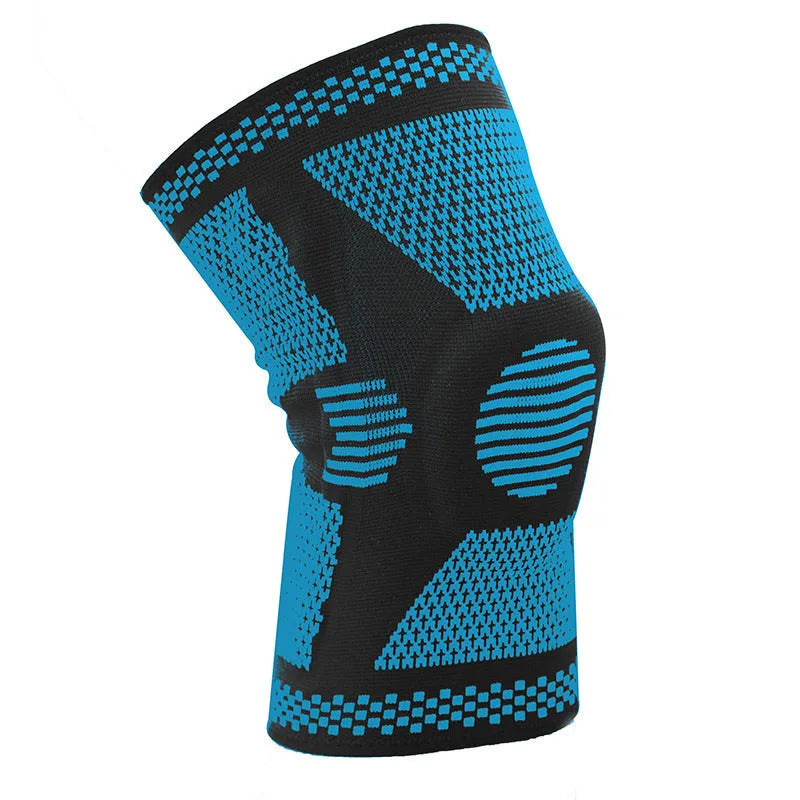 Polyamide silicone spring knee pads for sports fitness in blue, green, orange, and white colour options.