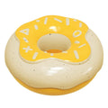Pink, yellow, and chocolate coloured donut-shaped dog chew toy with squeaker for molar cleaning.
