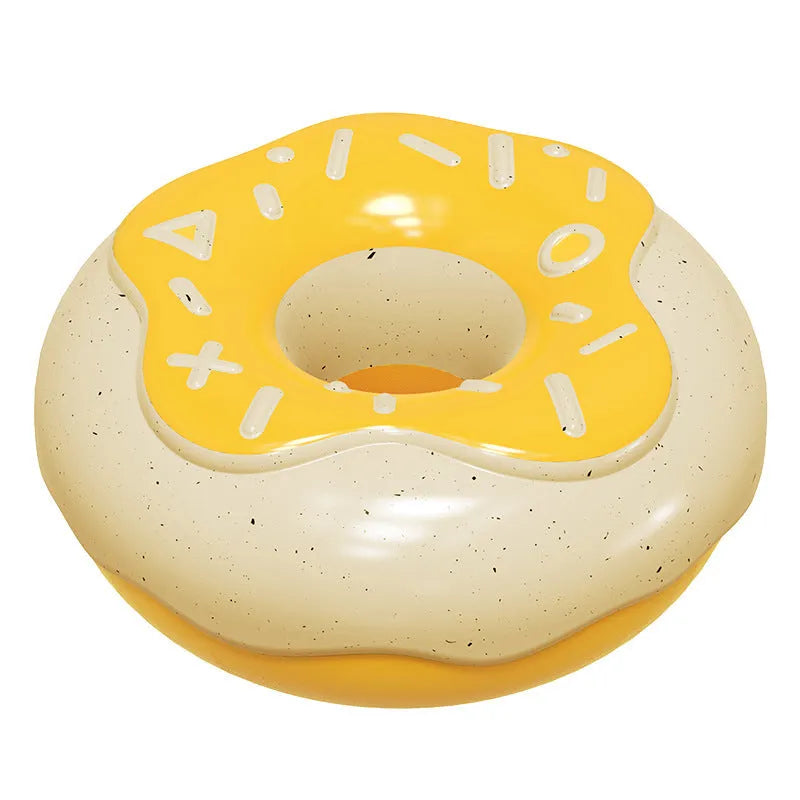 Pink, yellow, and chocolate coloured donut-shaped dog chew toy with squeaker for molar cleaning.