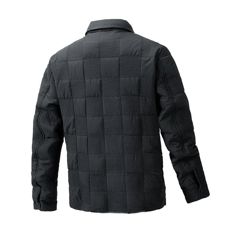 Men's quilted jacket with a polo collar in army green, showing the knitted texture and front zip