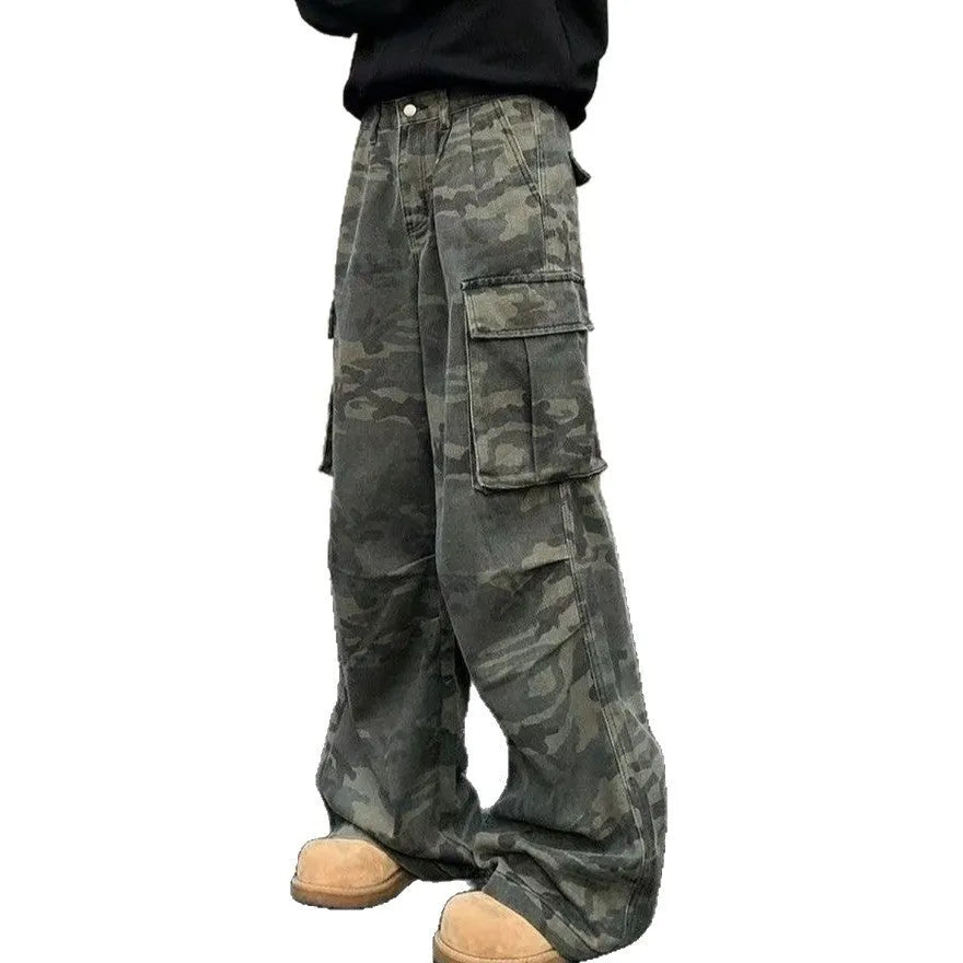 Men's washed camouflage cargo trousers with multiple pockets showing cotton blend fabric