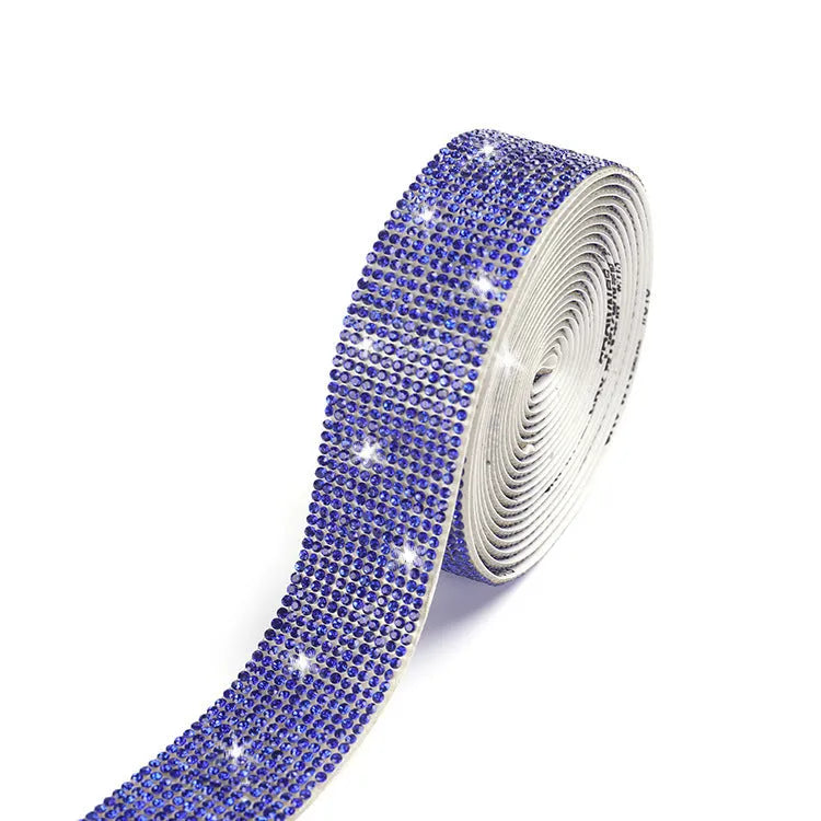 Self-adhesive strip with rows of sparkling electroplated glass rhinestones in white and iridescent colours