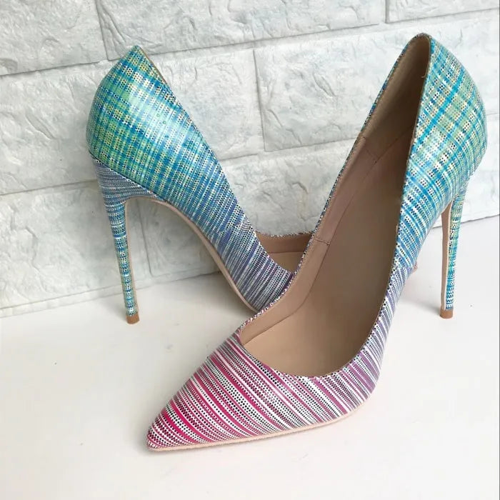 Ladies' pink and blue gradient patent leather pointed toe stiletto heels on a white background.