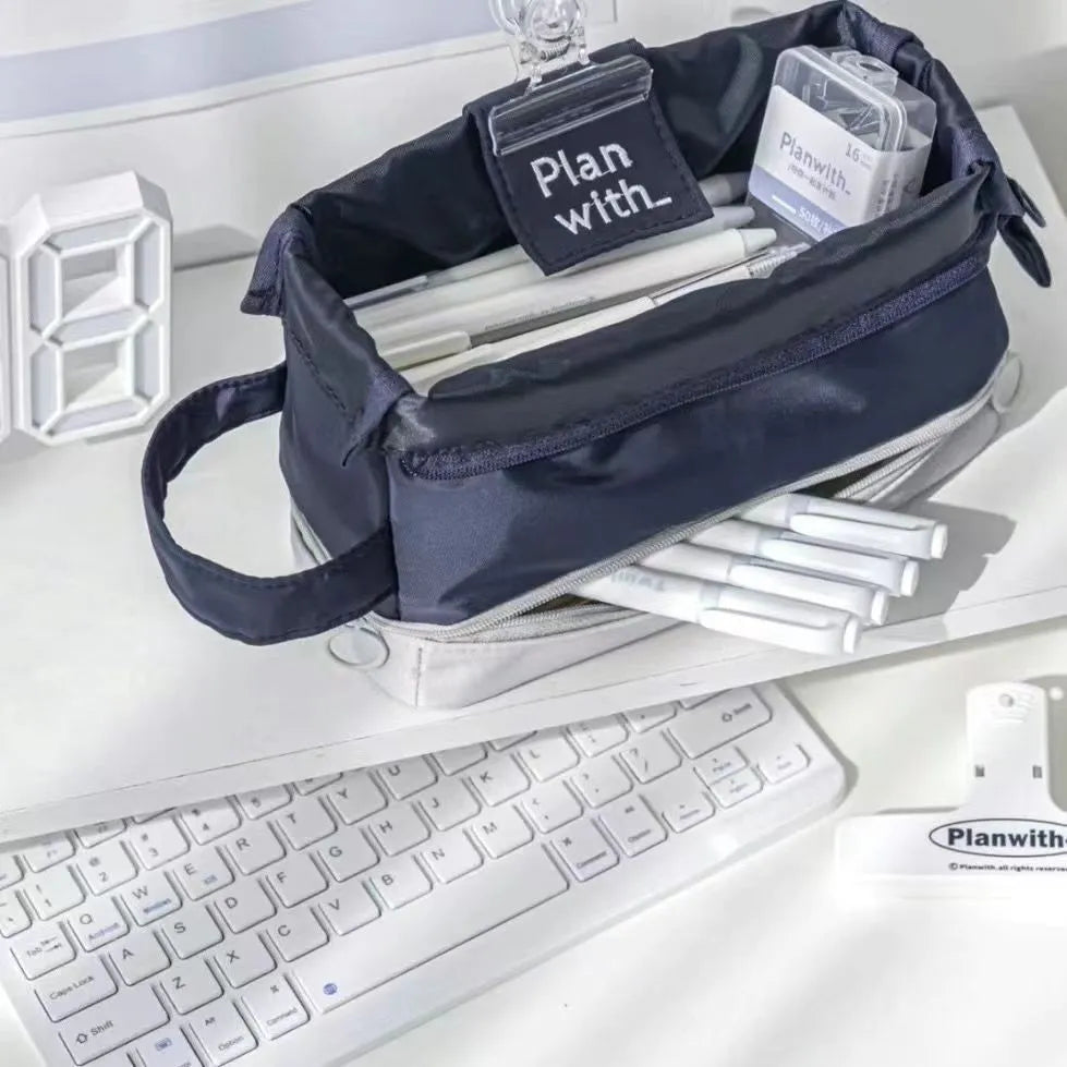 Casual folding pencil case with double layer design in dark blue, blue, or cream white polyester