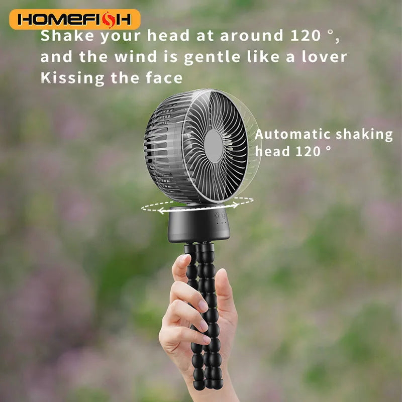 HOMEFISH F2 automatic shake head fan with LED light on removable bracket, showing USB port.