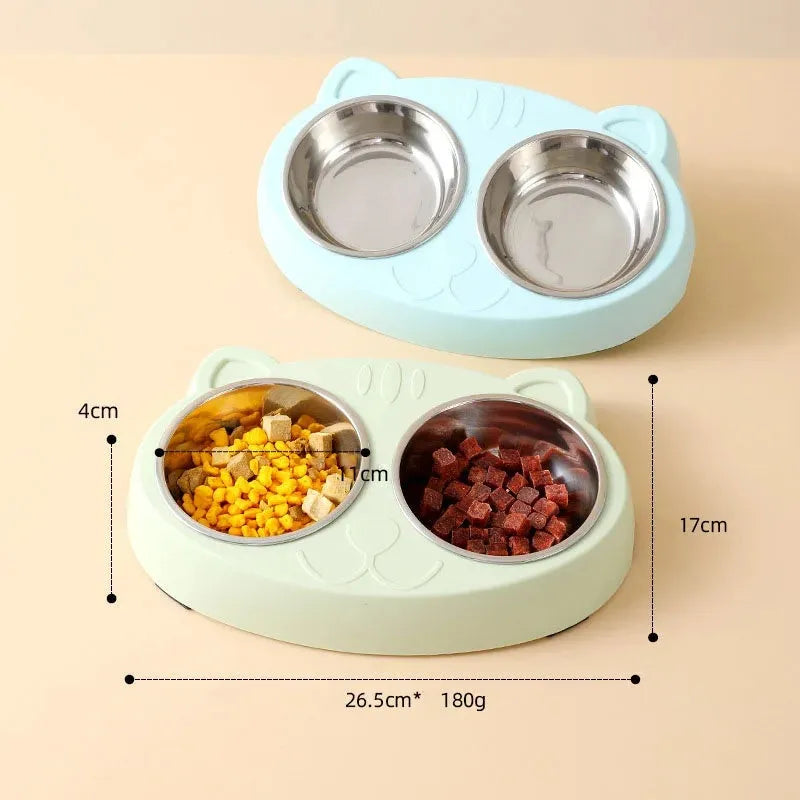 Plastic pet double bowl feeding tray in blue, green, or pink colours measuring 26.5cm long