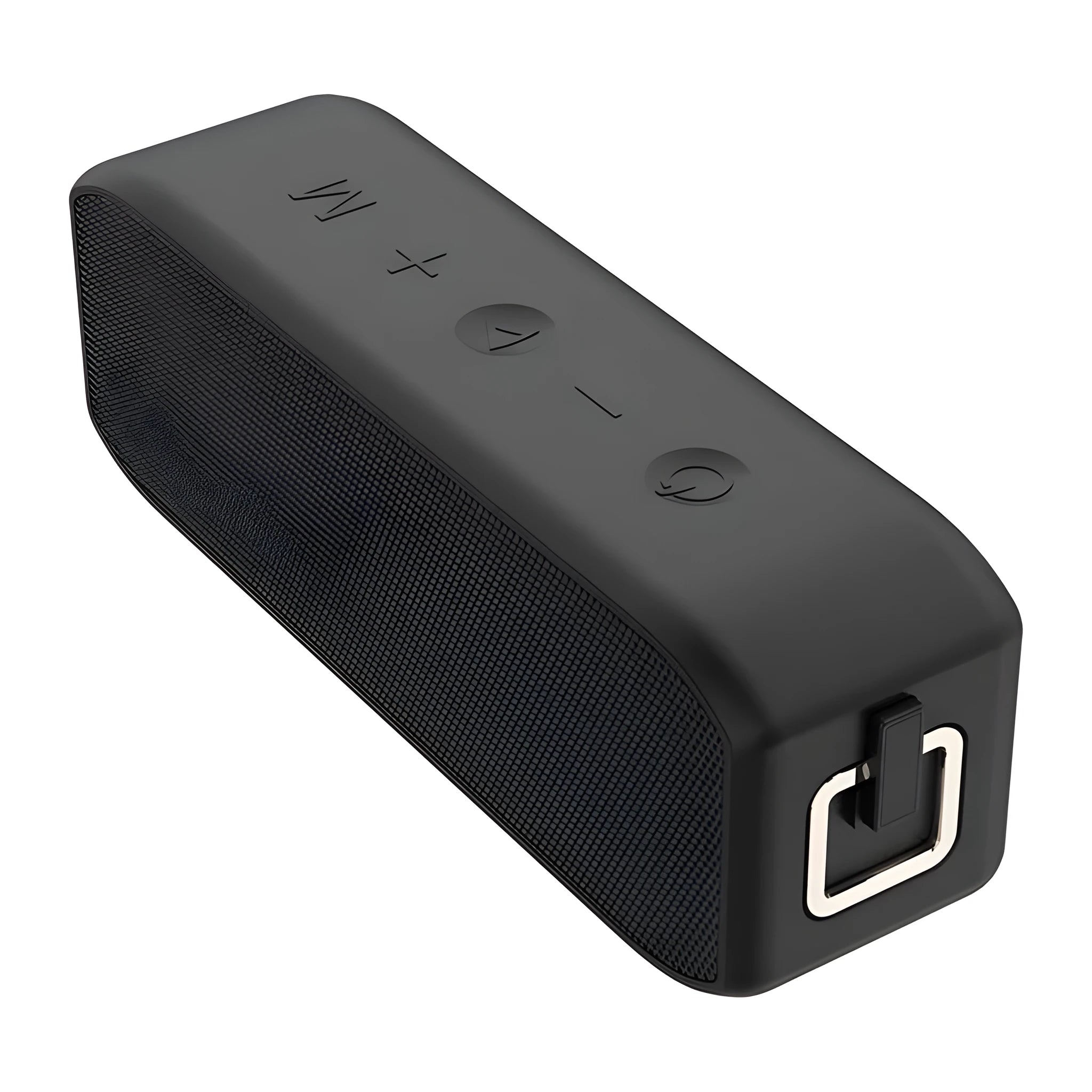 Black waterproof wireless Bluetooth speaker with control buttons and 20W output