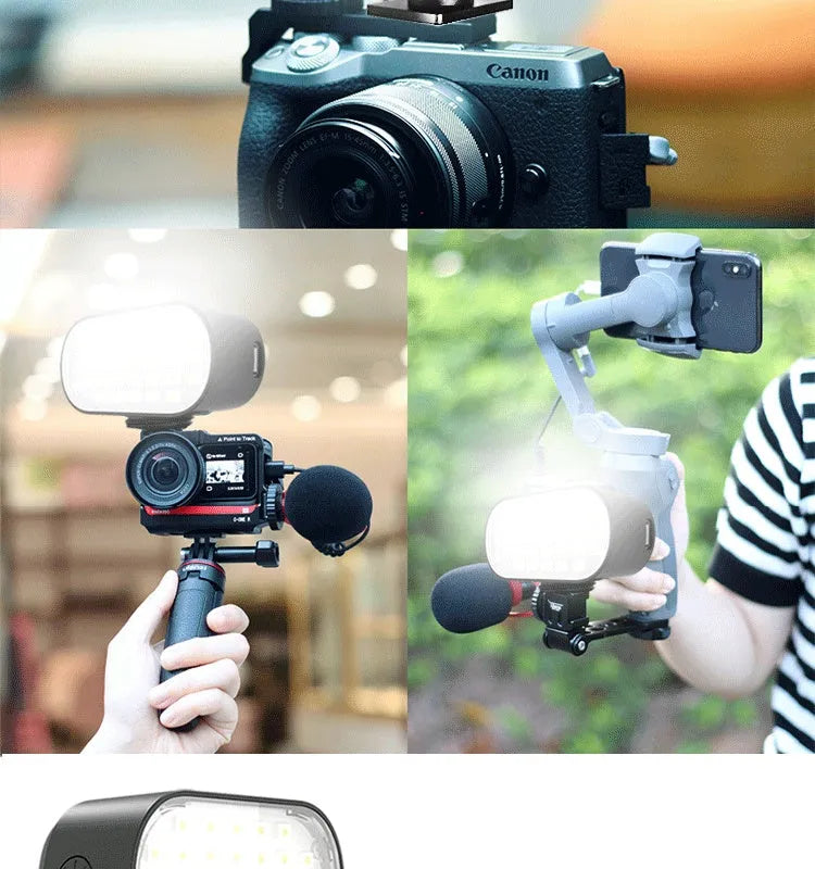 ST-30 black mobile phone fill light with digital display and cold shoe mount on a stand
