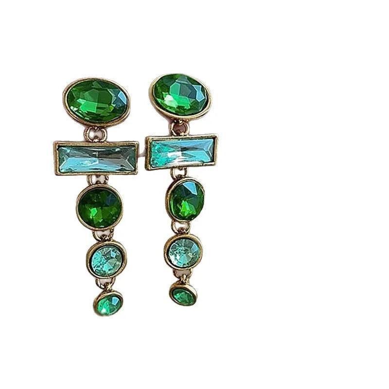 A pair of geometric green gradient alloy earrings with tassel design and inlaid zircon stones.