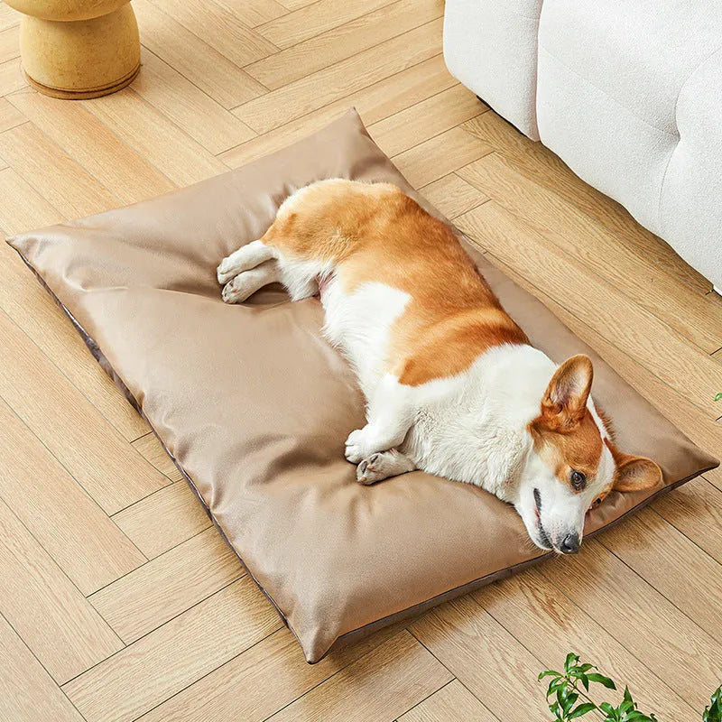 Blue and coffee coloured summer cooling pet bed for cats and dogs shown in four different sizes