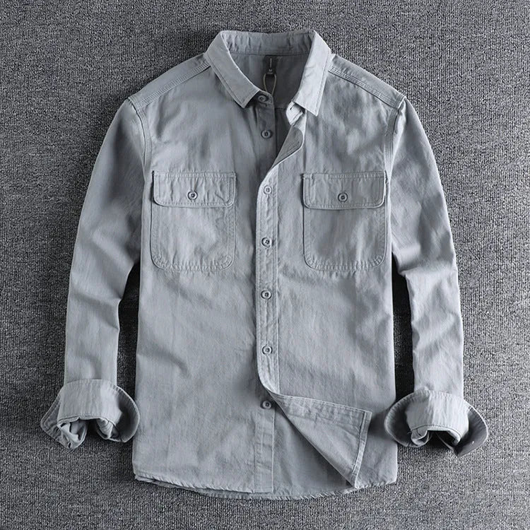 Men's loose fit long sleeve polyester shirt cardigan in light grey, black, khaki or green colours
