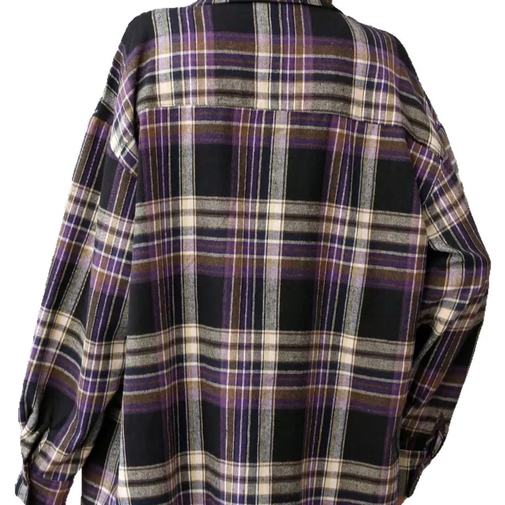 Women's loose fit plaid cotton shirt in retro pattern with long sleeves