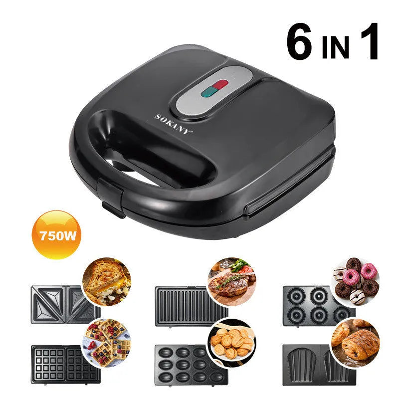 Black electric sandwich pan with double-sided heating, non-stick coating, and six exchangeable pans
