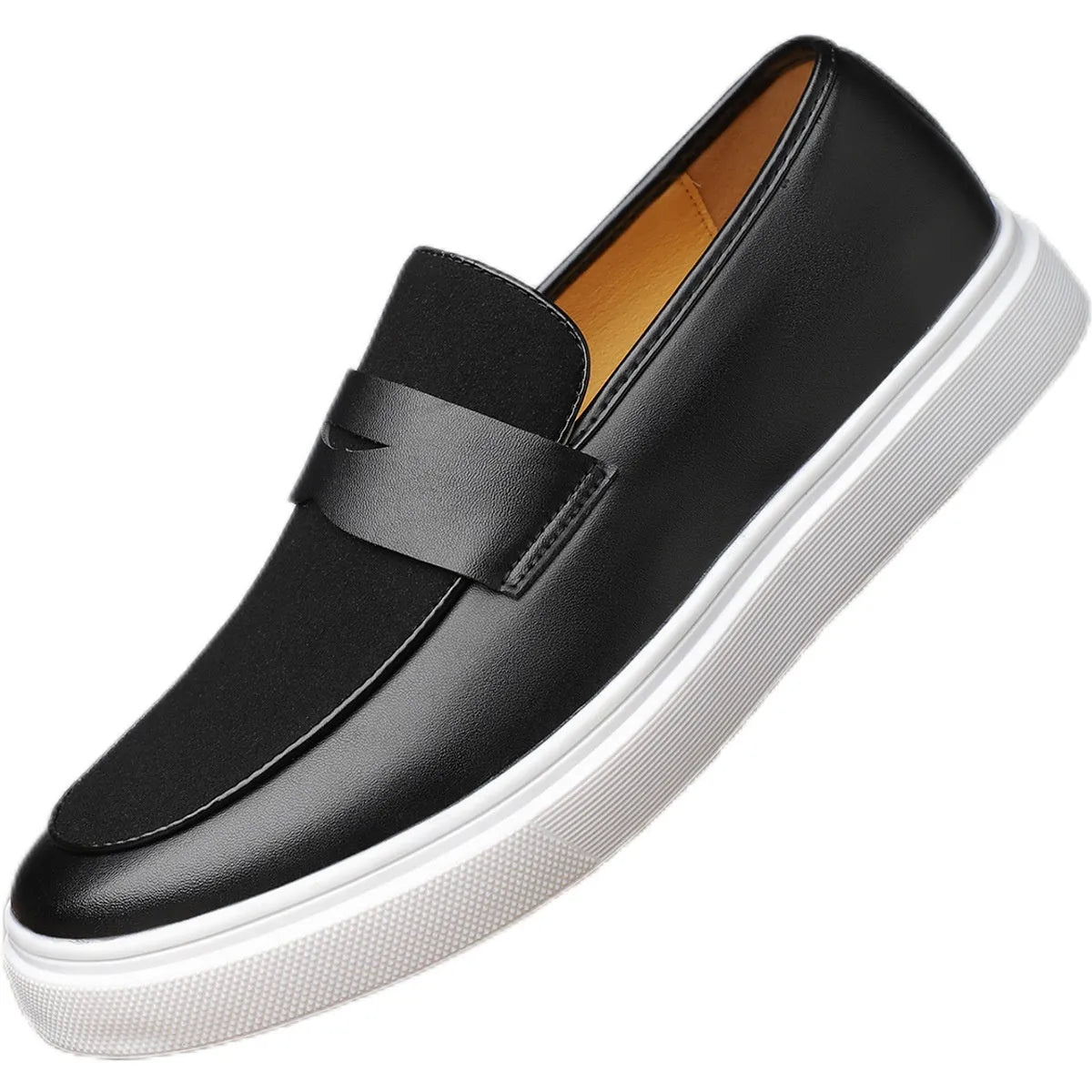 Black men's slip-on casual shoes with tassel detailing and Gommino soles