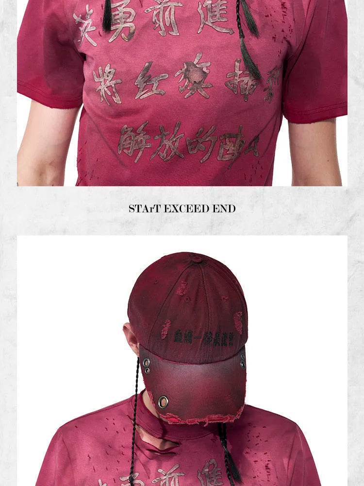Rose red cotton peaked cap with curved brim and adjustable strap
