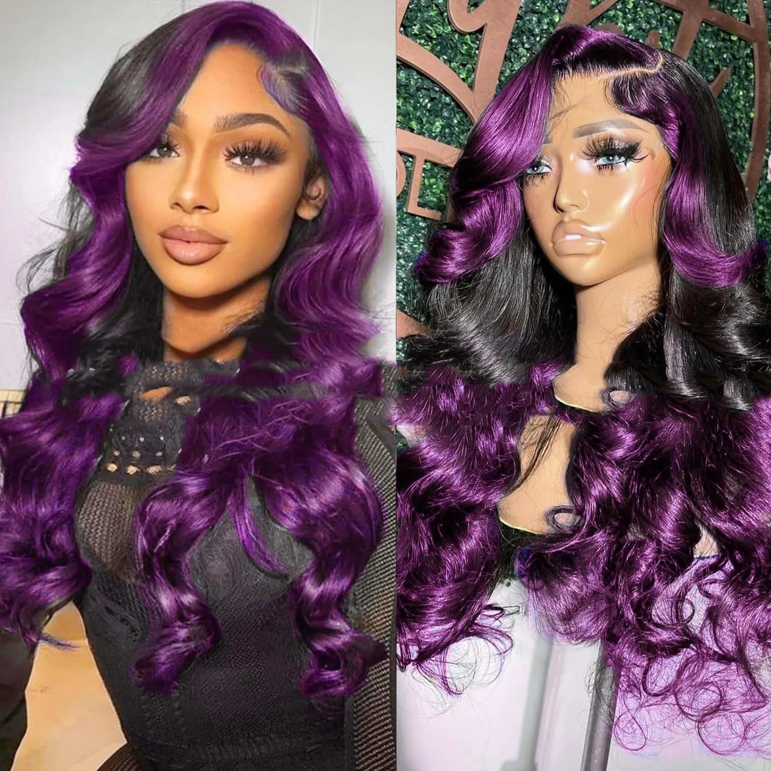 Gradient purple real human hair lace front wig with 13x6 integrated cap construction