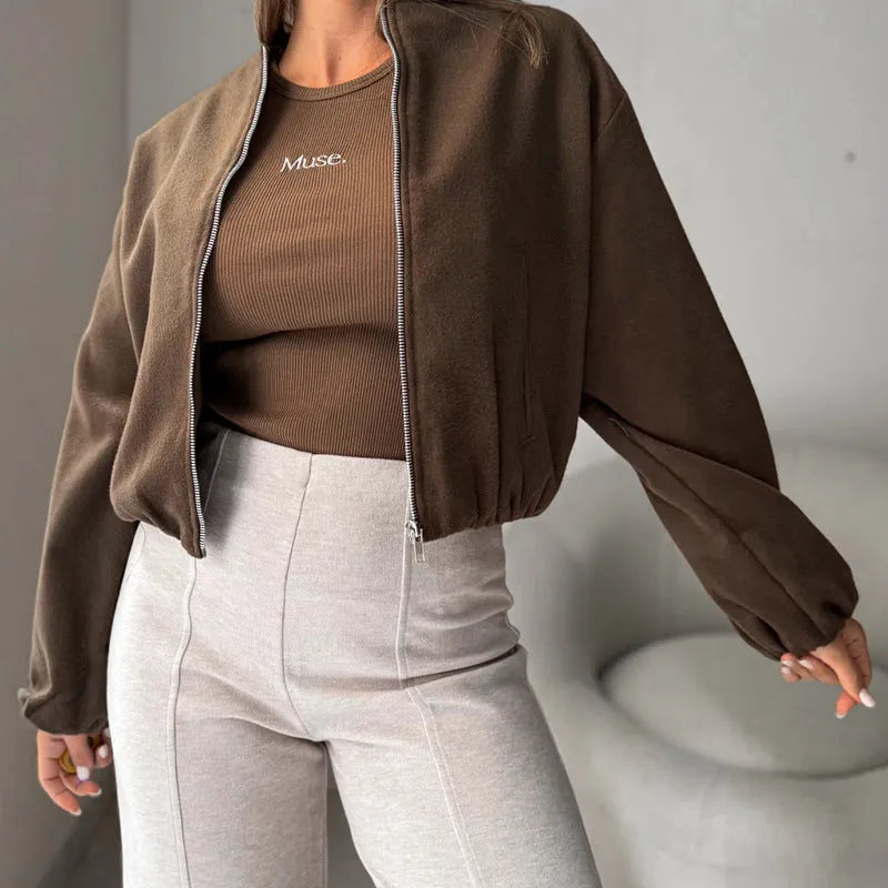 Women's off-shoulder short coat with lantern sleeves in brown polyester fabric