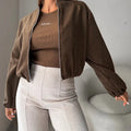 Women's off-shoulder short coat with lantern sleeves in brown polyester fabric