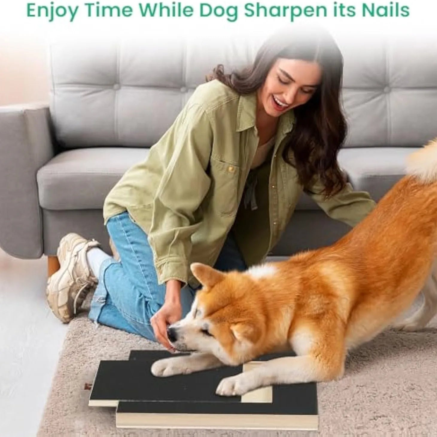 Black dog nail scratch board with treat drawer on wooden floor with non-slip pads