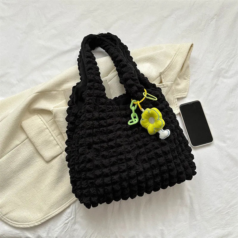 Women's soft pleated bubble shoulder bag in square vertical design with detachable pendant charm