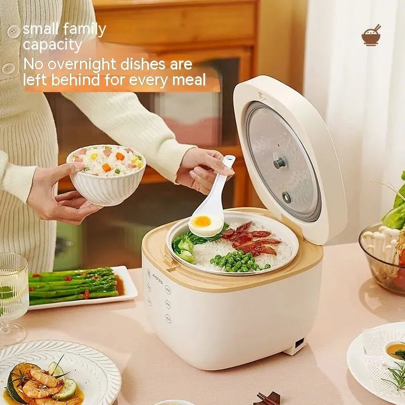 White intelligent rice cooker with black crystal inner pot and accessories