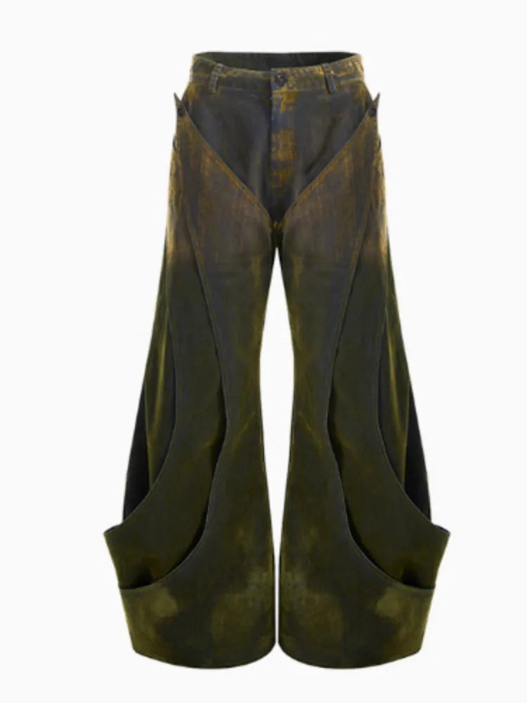 Men's niche deconstruction flocking jeans in brushed gradient wine red colour, wide leg, medium high waist, front zipper