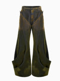 Men's niche deconstruction flocking jeans in brushed gradient wine red colour, wide leg, medium high waist, front zipper