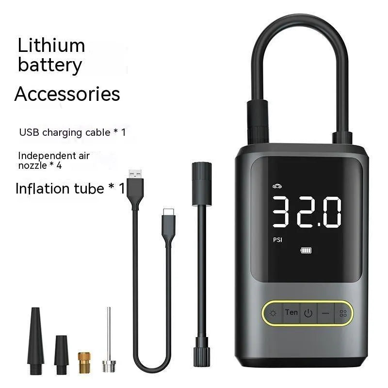 Handheld wireless air pump with digital display showing tyre pressure measurement