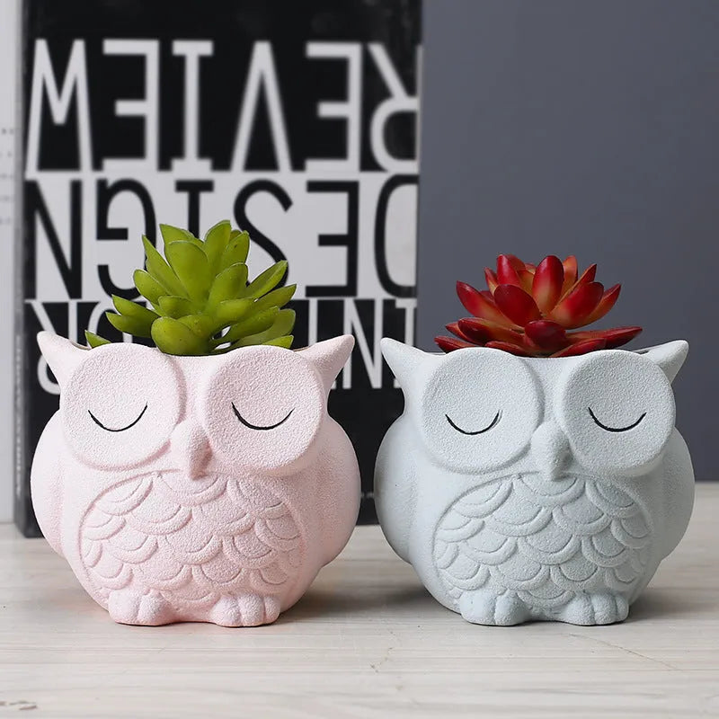 Ceramic succulent flower pot with frosted cartoon owl design measuring 11cm high by 9cm wide