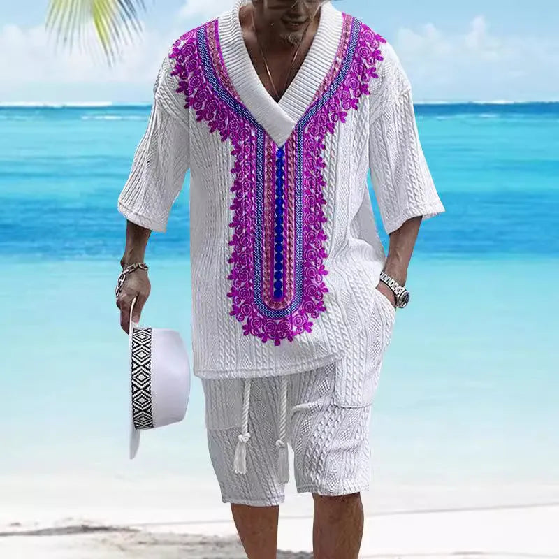 Printed drop-shoulder men's knitted short-sleeved top with matching shorts in a colour from the TH01-362 to TH01-366 range.