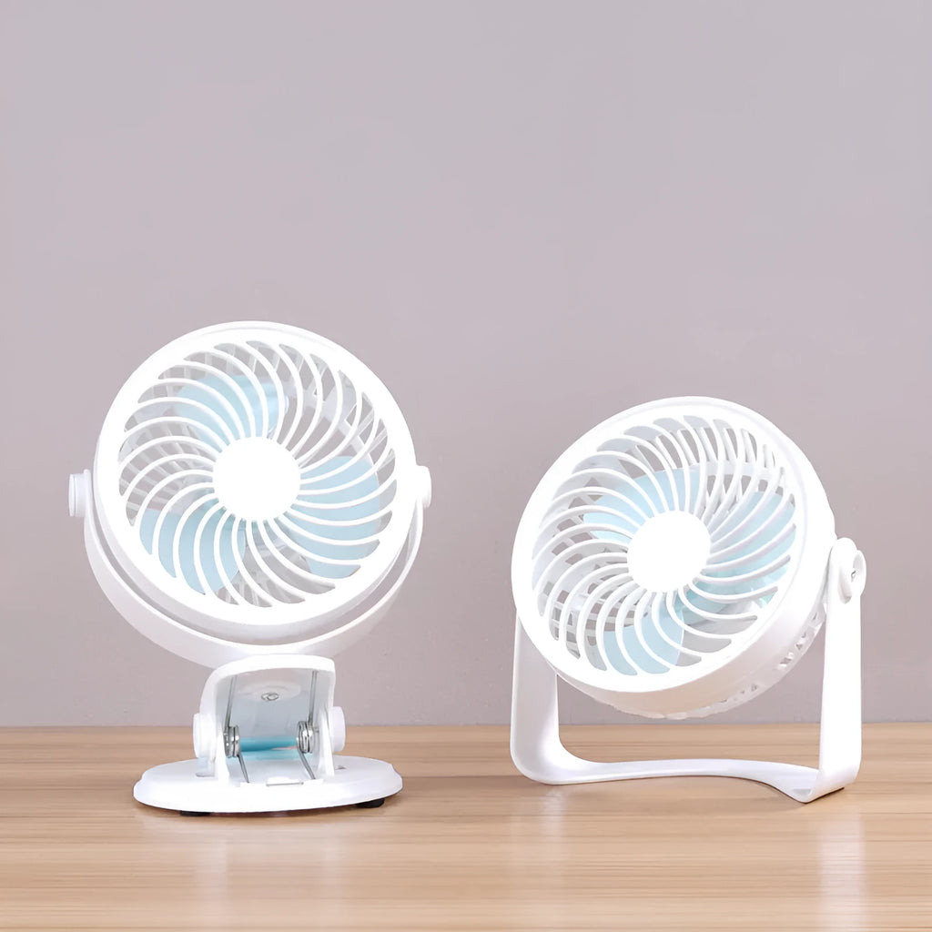 Compact USB desk fan shown in both clip-on and mini floor standing styles on a wooden desk.