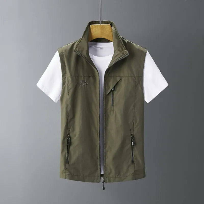 Men's hooded rabbit fur waistcoat vest in a slim-fit style on a model.