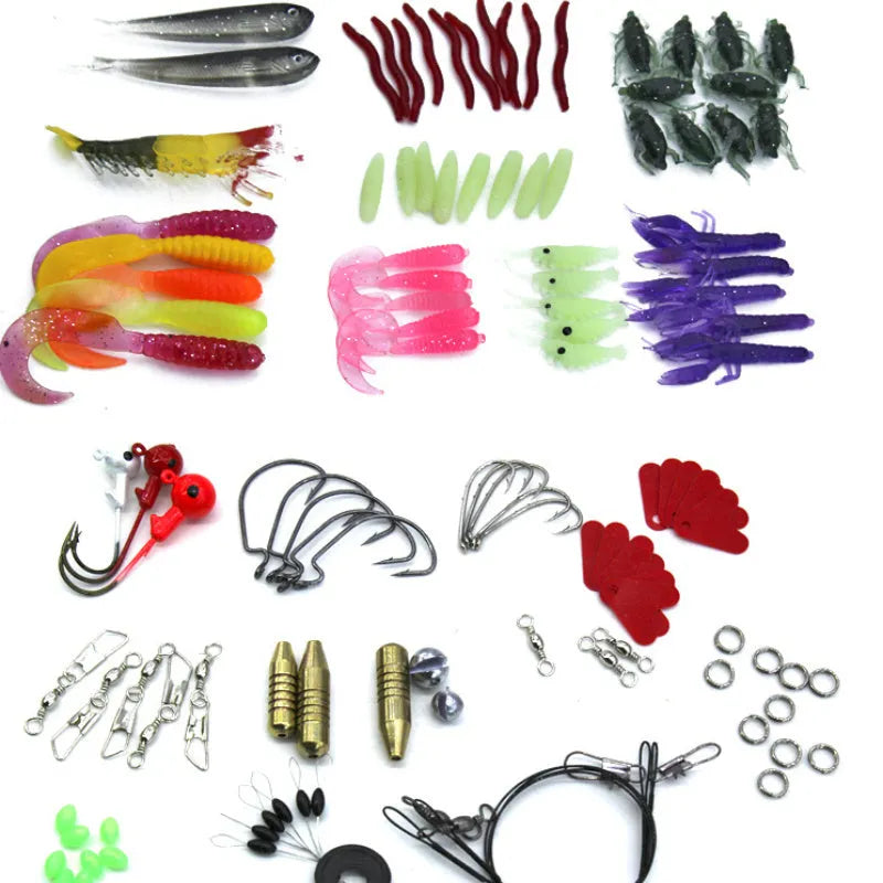 132-piece rose red fishing lure set with soft baits and steel hooks in compact packaging